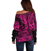 Hawaii Shark Off Shoulder Sweater Polynesian Pattern Pink Version LT01 - Polynesian Pride