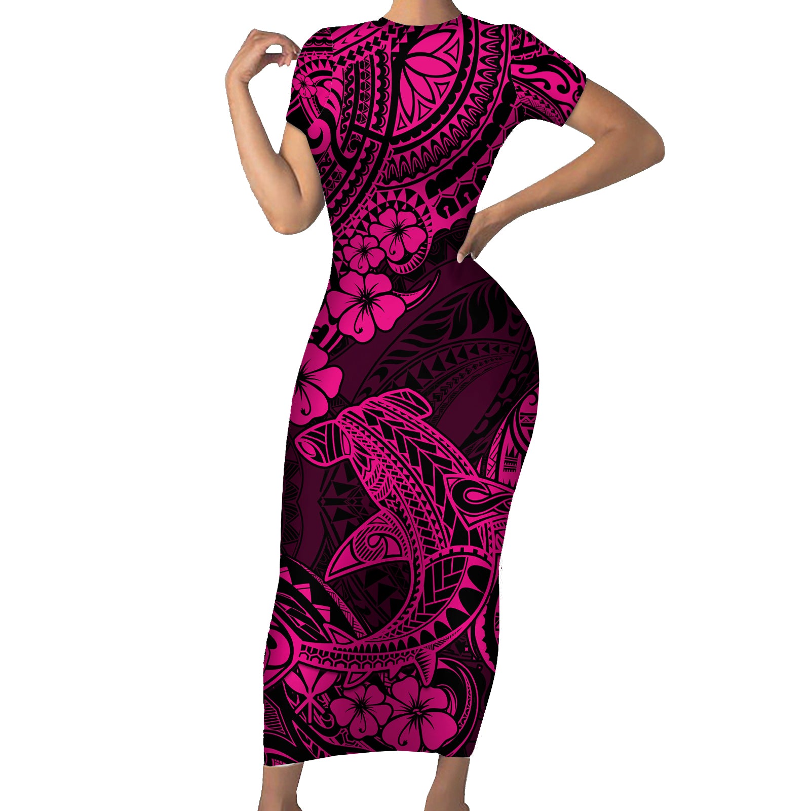 Hawaii Shark Short Sleeve Bodycon Dress Polynesian Pattern Pink Version LT01 Long Dress Pink - Polynesian Pride