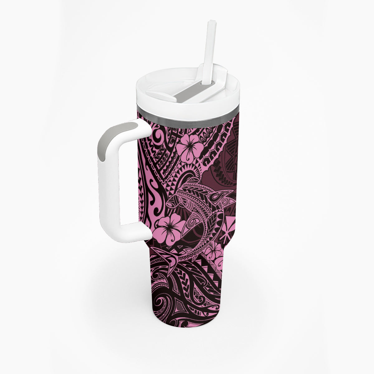 Hawaii Shark Tumbler With Handle Polynesian Pattern Pink Version