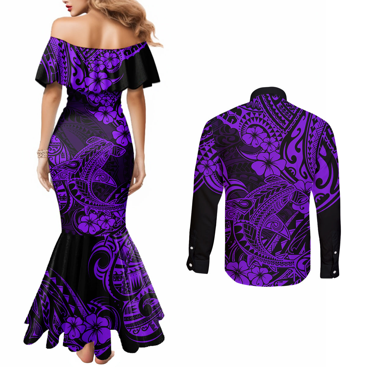 Hawaii Shark Couples Matching Mermaid Dress and Long Sleeve Button Shirts Polynesian Pattern Purple Version LT01 - Polynesian Pride