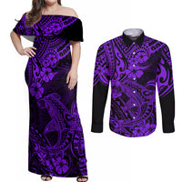 Hawaii Shark Couples Matching Off Shoulder Maxi Dress and Long Sleeve Button Shirts Polynesian Pattern Purple Version LT01 Purple - Polynesian Pride