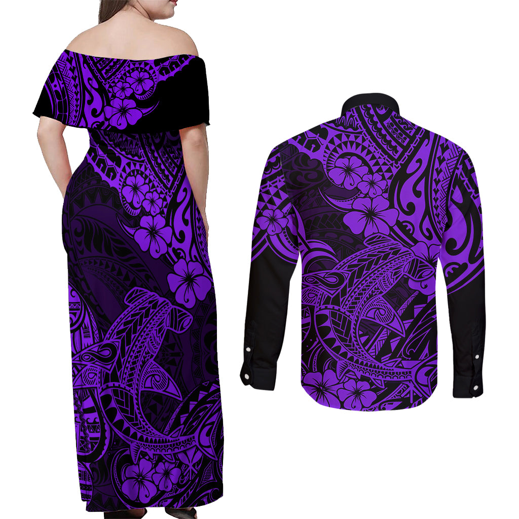 Hawaii Shark Couples Matching Off Shoulder Maxi Dress and Long Sleeve Button Shirts Polynesian Pattern Purple Version LT01 - Polynesian Pride