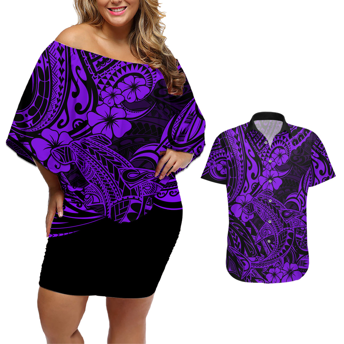 Hawaii Shark Couples Matching Off Shoulder Short Dress and Hawaiian Shirt Polynesian Pattern Purple Version LT01 Purple - Polynesian Pride