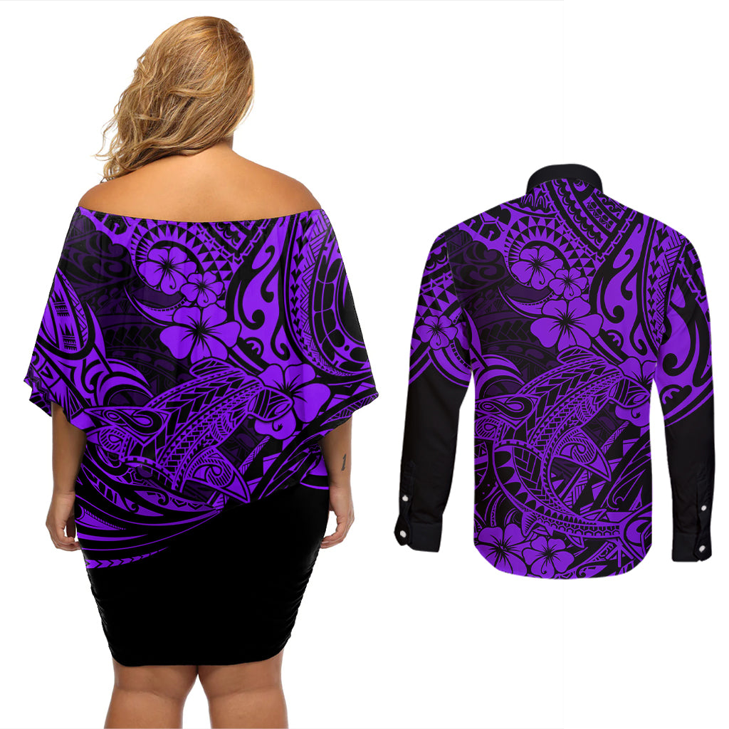 Hawaii Shark Couples Matching Off Shoulder Short Dress and Long Sleeve Button Shirts Polynesian Pattern Purple Version LT01 - Polynesian Pride