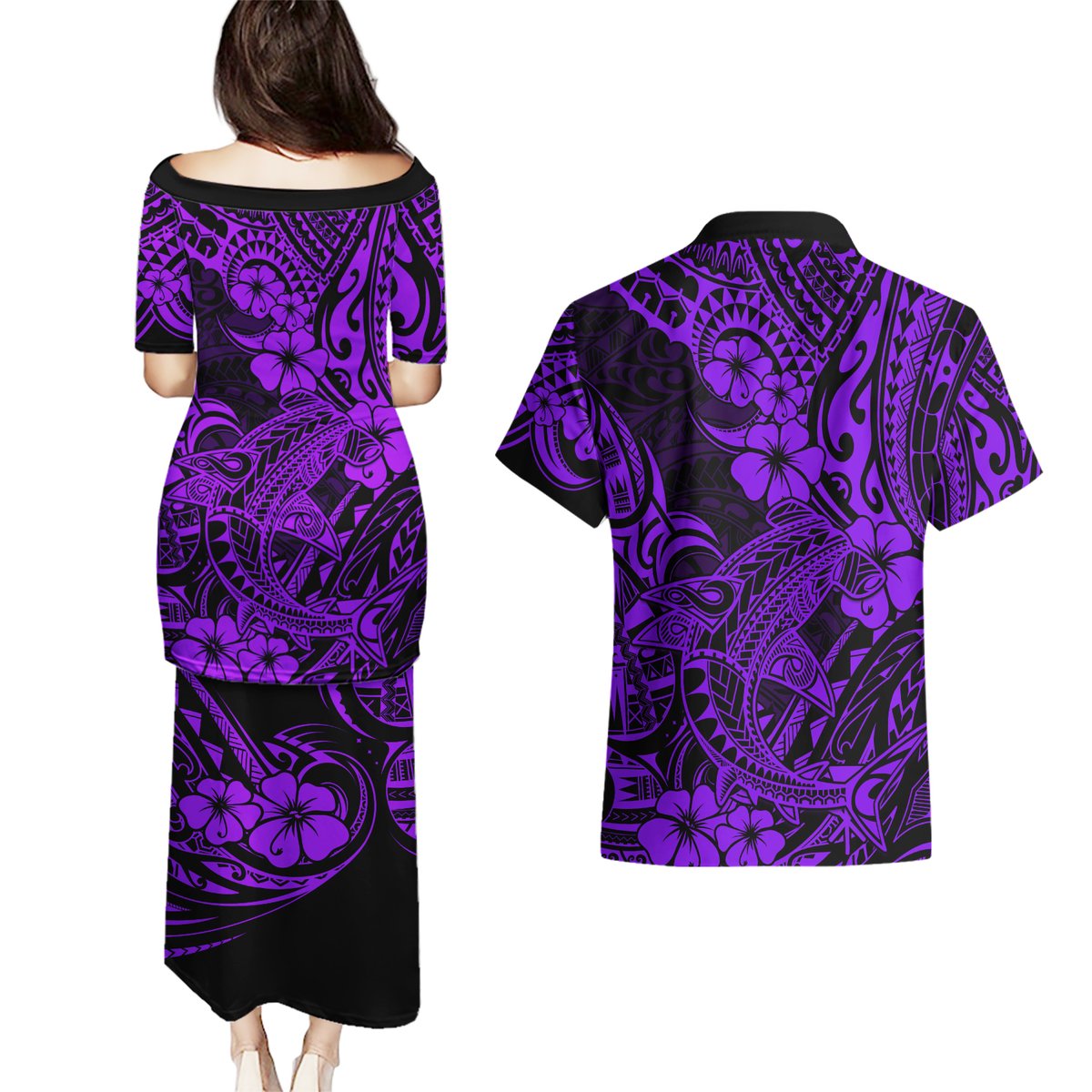 Hawaii Shark Couples Matching Puletasi Dress and Hawaiian Shirt Polynesian Pattern Purple Version LT01 - Polynesian Pride