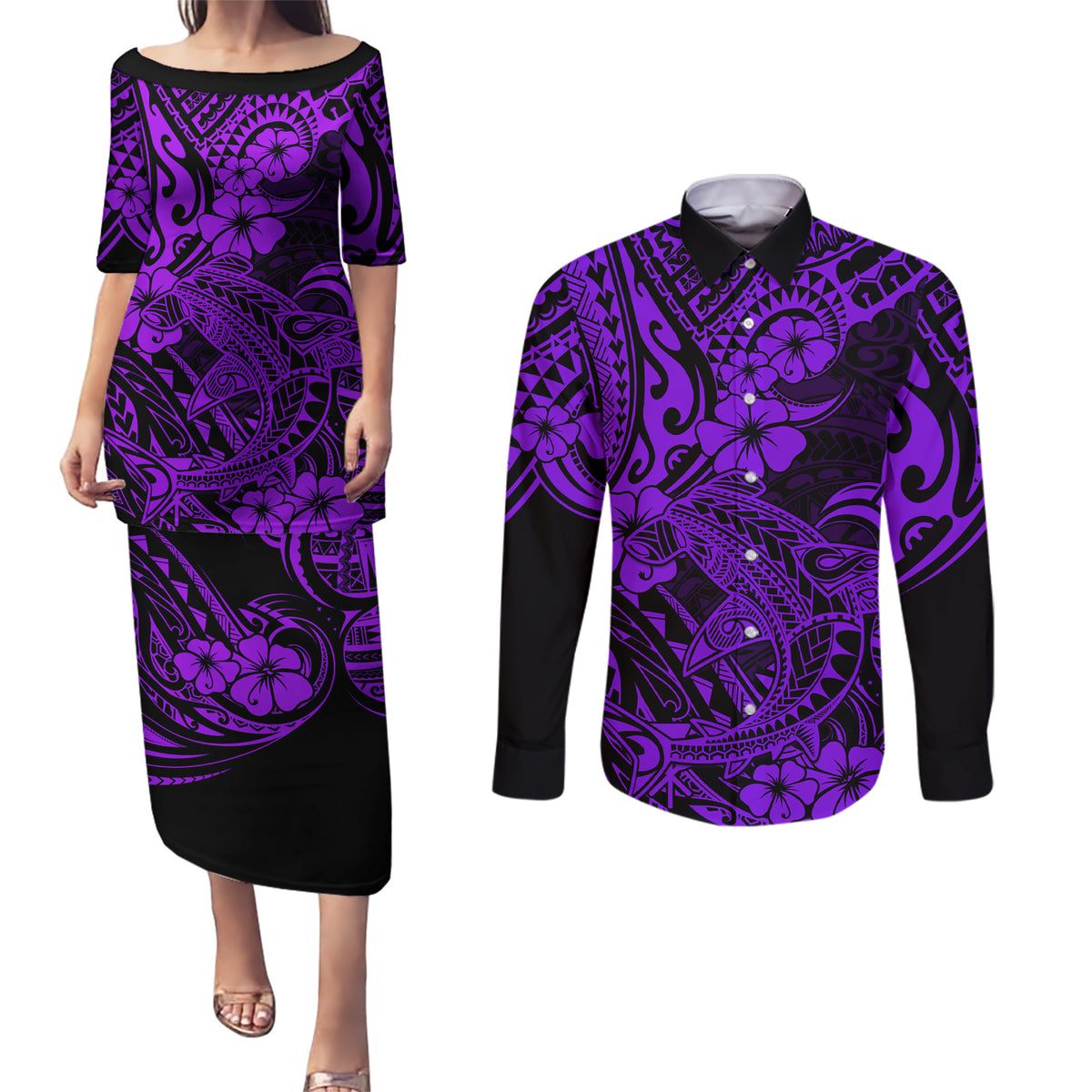Hawaii Shark Couples Matching Puletasi Dress and Long Sleeve Button Shirts Polynesian Pattern Purple Version LT01 Purple - Polynesian Pride