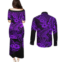 Hawaii Shark Couples Matching Puletasi Dress and Long Sleeve Button Shirts Polynesian Pattern Purple Version LT01 - Polynesian Pride