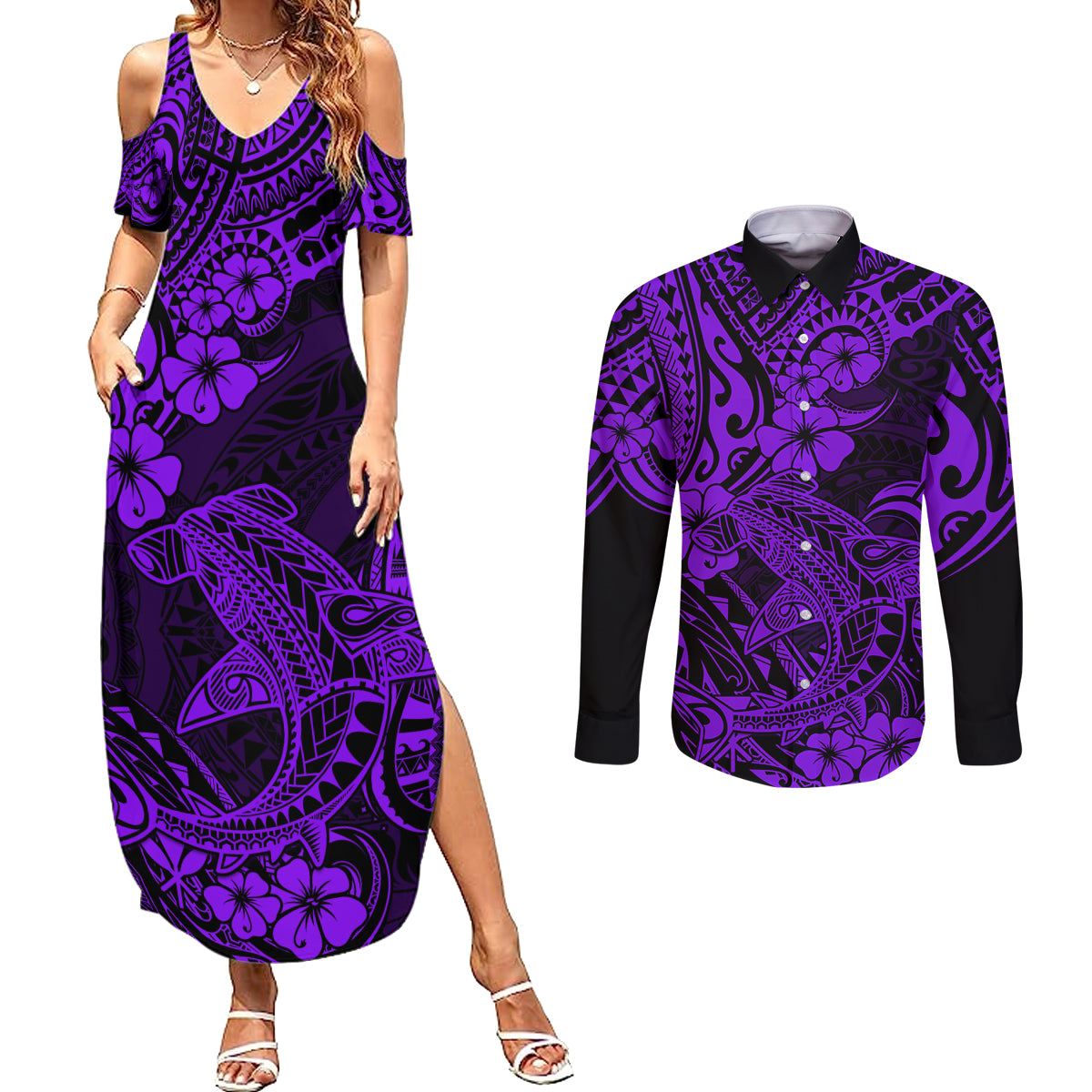 Hawaii Shark Couples Matching Summer Maxi Dress and Long Sleeve Button Shirts Polynesian Pattern Purple Version LT01 Purple - Polynesian Pride