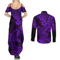 Hawaii Shark Couples Matching Summer Maxi Dress and Long Sleeve Button Shirts Polynesian Pattern Purple Version LT01 - Polynesian Pride