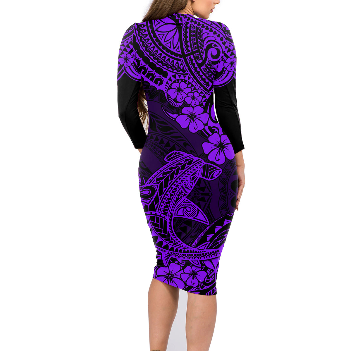 Hawaii Shark Family Matching Long Sleeve Bodycon Dress and Hawaiian Shirt Polynesian Pattern Purple Version LT01 - Polynesian Pride