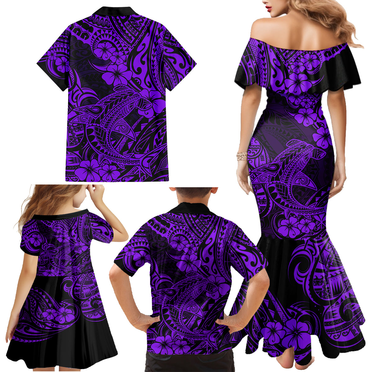 Hawaii Shark Family Matching Mermaid Dress and Hawaiian Shirt Polynesian Pattern Purple Version LT01 - Polynesian Pride