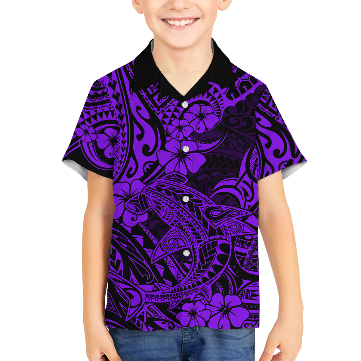Hawaii Shark Family Matching Off Shoulder Maxi Dress and Hawaiian Shirt Polynesian Pattern Purple Version LT01 Son's Shirt Purple - Polynesian Pride