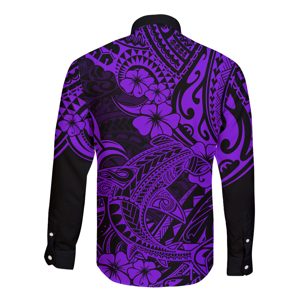 Hawaii Shark Long Sleeve Button Shirt Polynesian Pattern Purple Version LT01 - Polynesian Pride