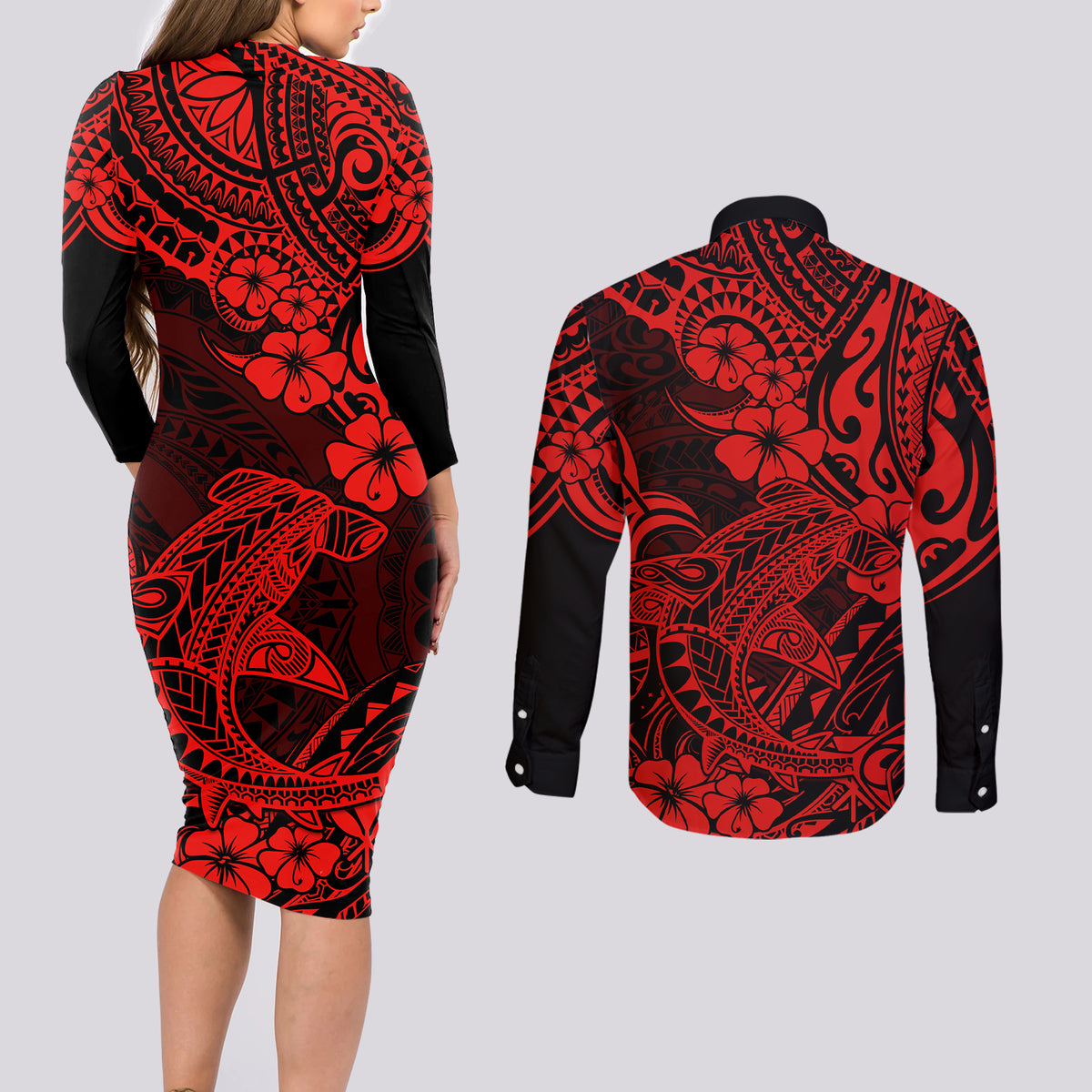 Hawaii Shark Couples Matching Long Sleeve Bodycon Dress and Long Sleeve Button Shirts Polynesian Pattern Red Version LT01 - Polynesian Pride