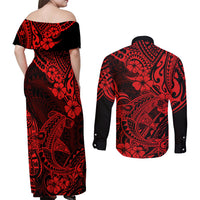 Hawaii Shark Couples Matching Off Shoulder Maxi Dress and Long Sleeve Button Shirts Polynesian Pattern Red Version LT01 - Polynesian Pride