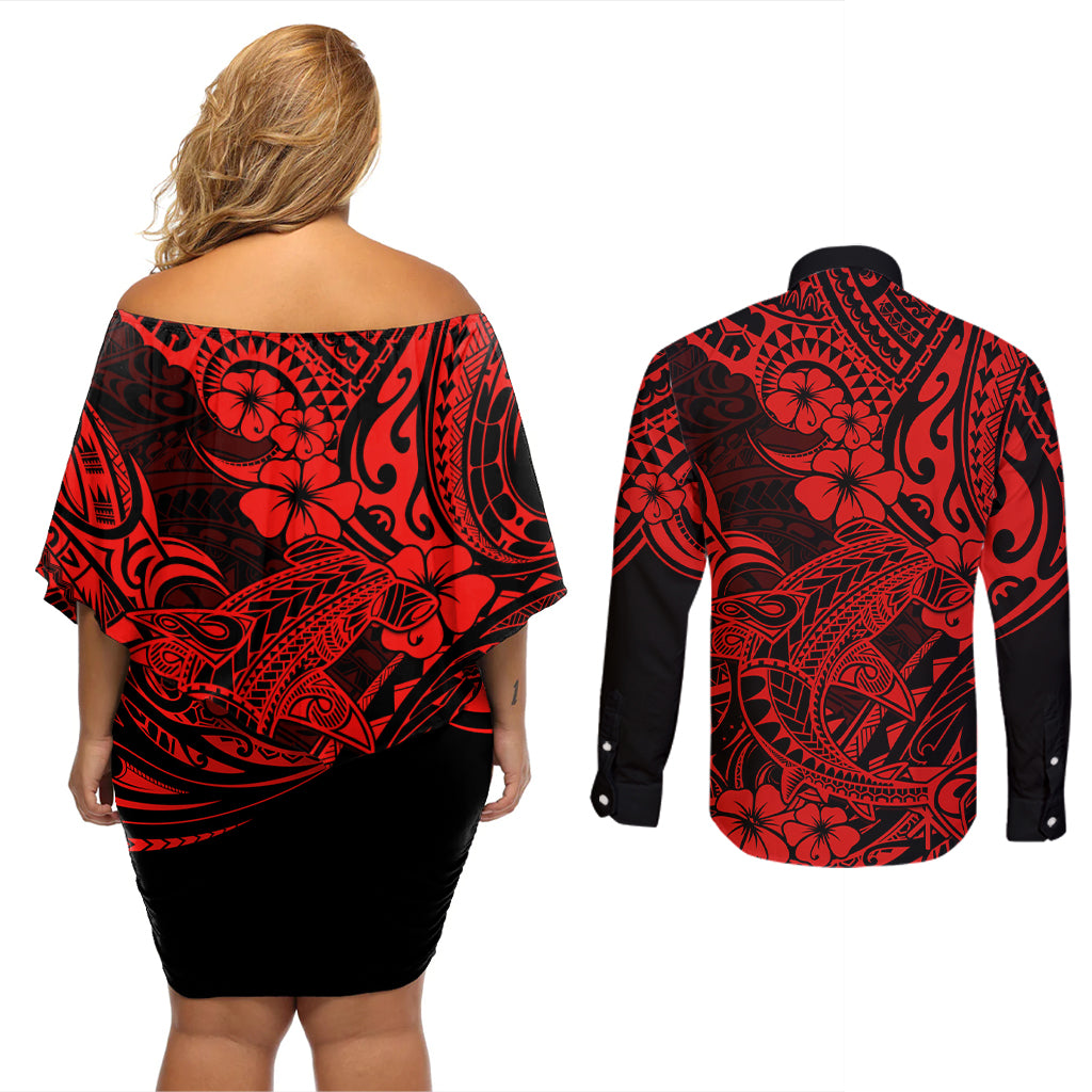 Hawaii Shark Couples Matching Off Shoulder Short Dress and Long Sleeve Button Shirts Polynesian Pattern Red Version LT01 - Polynesian Pride