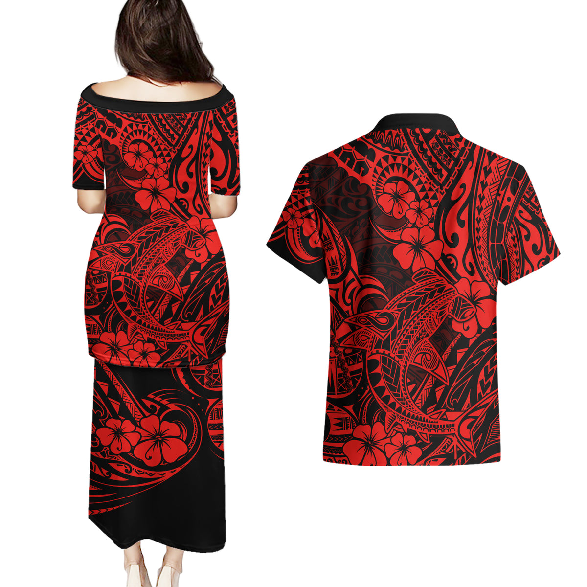 Hawaii Shark Couples Matching Puletasi Dress and Hawaiian Shirt Polynesian Pattern Red Version LT01 - Polynesian Pride