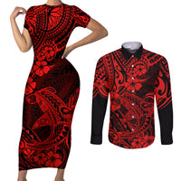 Hawaii Shark Couples Matching Short Sleeve Bodycon Dress and Long Sleeve Button Shirts Polynesian Pattern Red Version LT01 Red - Polynesian Pride