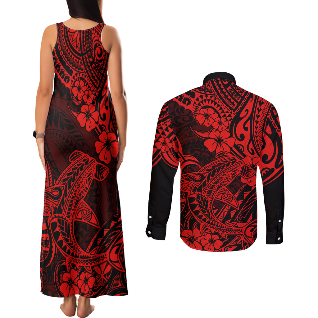 Hawaii Shark Couples Matching Tank Maxi Dress and Long Sleeve Button Shirts Polynesian Pattern Red Version LT01 - Polynesian Pride