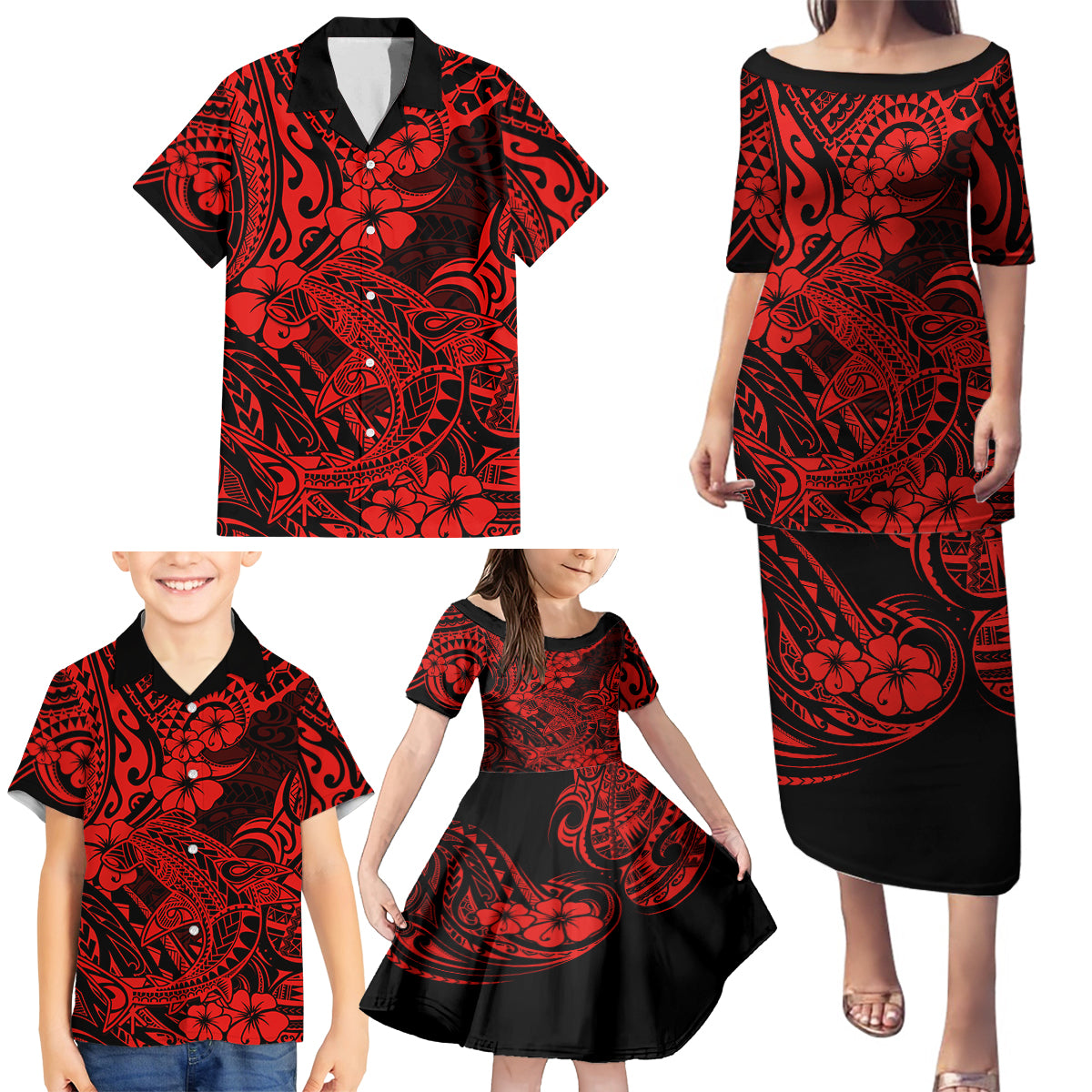 Hawaii Shark Family Matching Puletasi Dress and Hawaiian Shirt Polynesian Pattern Red Version LT01 - Polynesian Pride