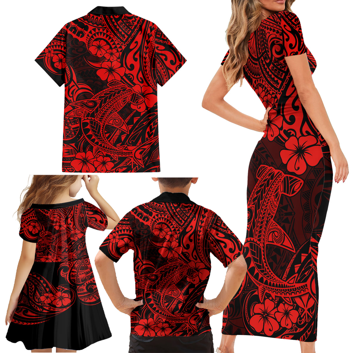 Hawaii Shark Family Matching Short Sleeve Bodycon Dress and Hawaiian Shirt Polynesian Pattern Red Version LT01 - Polynesian Pride