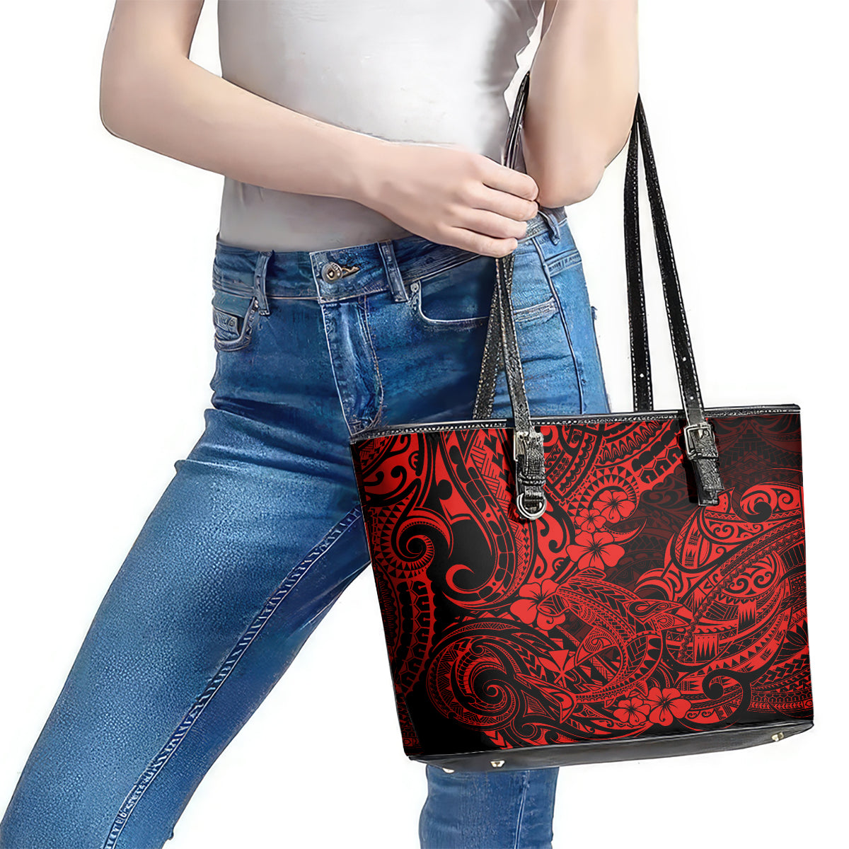 Hawaii Shark Leather Tote Bag Polynesian Pattern Red Version LT01 - Polynesian Pride