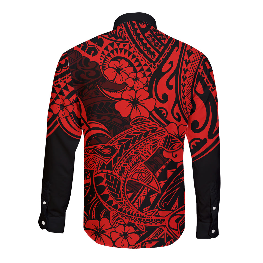 Hawaii Shark Long Sleeve Button Shirt Polynesian Pattern Red Version LT01 - Polynesian Pride