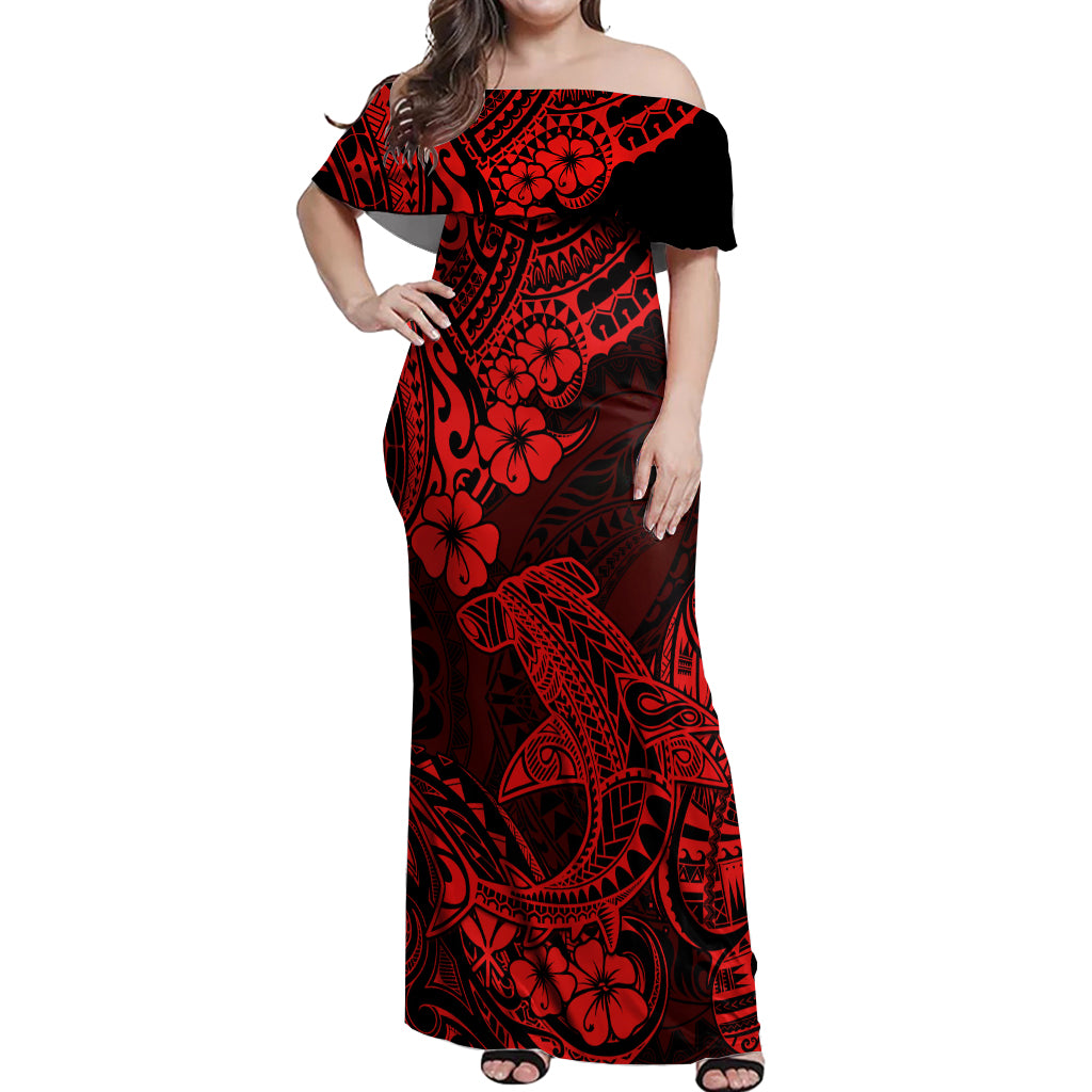 Hawaii Shark Off Shoulder Maxi Dress Polynesian Pattern Red Version LT