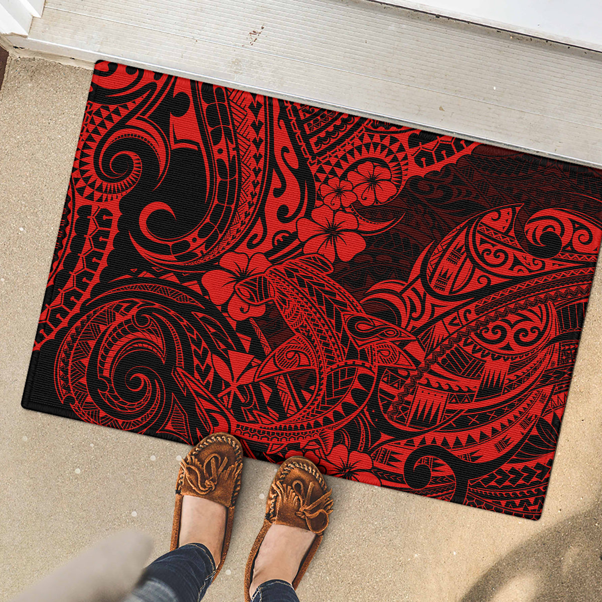 Hawaii Shark Rubber Doormat Polynesian Pattern Red Version LT01 - Polynesian Pride