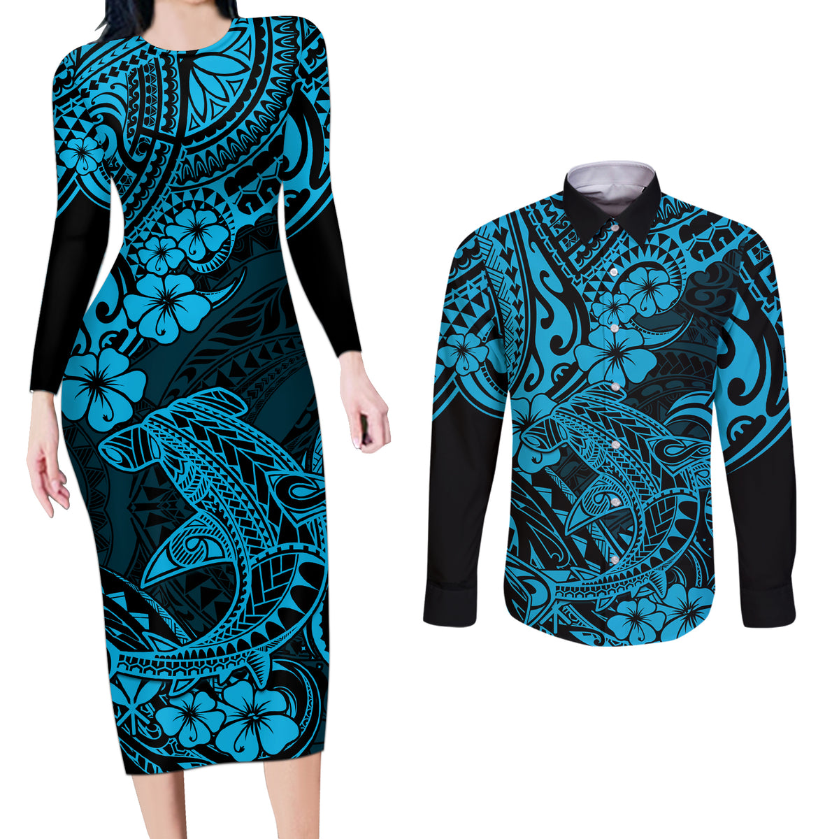 Hawaii Shark Couples Matching Long Sleeve Bodycon Dress and Long Sleeve Button Shirts Polynesian Pattern Sky Blue Version LT01 Blue - Polynesian Pride