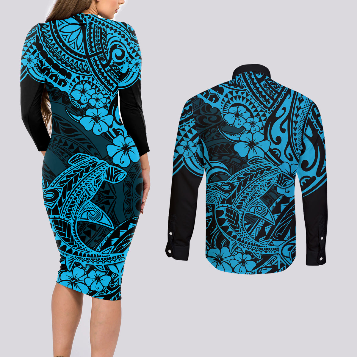 Hawaii Shark Couples Matching Long Sleeve Bodycon Dress and Long Sleeve Button Shirts Polynesian Pattern Sky Blue Version LT01 - Polynesian Pride
