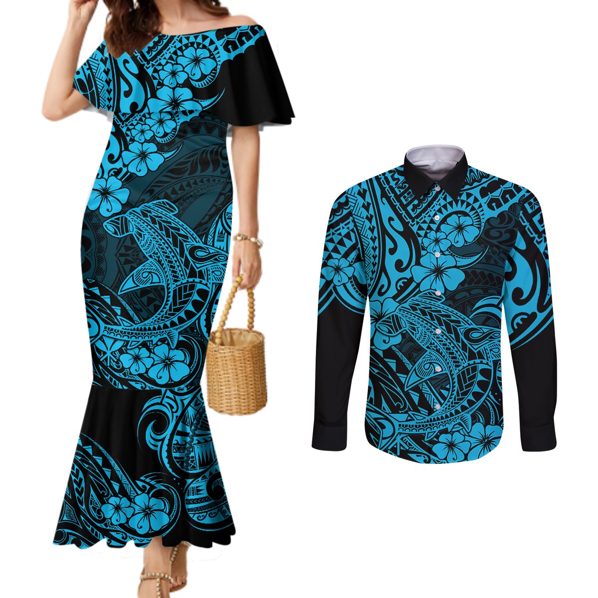 Hawaii Shark Couples Matching Mermaid Dress and Long Sleeve Button Shirts Polynesian Pattern Sky Blue Version LT01 Blue - Polynesian Pride