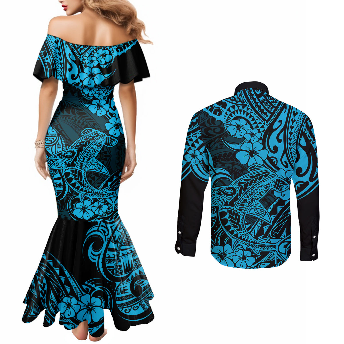 Hawaii Shark Couples Matching Mermaid Dress and Long Sleeve Button Shirts Polynesian Pattern Sky Blue Version LT01 - Polynesian Pride