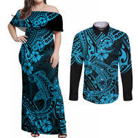 Hawaii Shark Couples Matching Off Shoulder Maxi Dress and Long Sleeve Button Shirts Polynesian Pattern Sky Blue Version LT01 Blue - Polynesian Pride