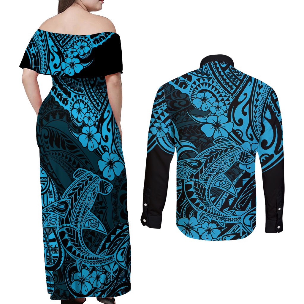 Hawaii Shark Couples Matching Off Shoulder Maxi Dress and Long Sleeve Button Shirts Polynesian Pattern Sky Blue Version LT01 - Polynesian Pride