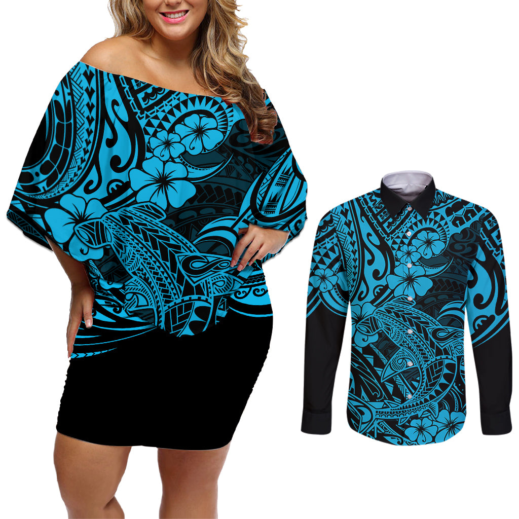 Hawaii Shark Couples Matching Off Shoulder Short Dress and Long Sleeve Button Shirts Polynesian Pattern Sky Blue Version LT01 Blue - Polynesian Pride