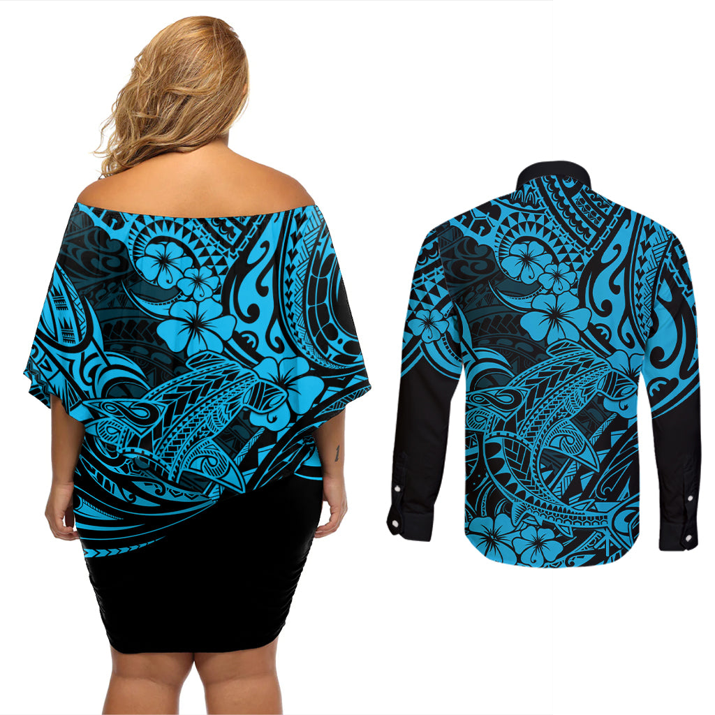 Hawaii Shark Couples Matching Off Shoulder Short Dress and Long Sleeve Button Shirts Polynesian Pattern Sky Blue Version LT01 - Polynesian Pride