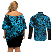 Hawaii Shark Couples Matching Off Shoulder Short Dress and Long Sleeve Button Shirts Polynesian Pattern Sky Blue Version LT01 - Polynesian Pride