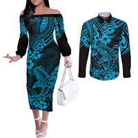 Hawaii Shark Couples Matching Off The Shoulder Long Sleeve Dress and Long Sleeve Button Shirts Polynesian Pattern Sky Blue Version LT01 Blue - Polynesian Pride