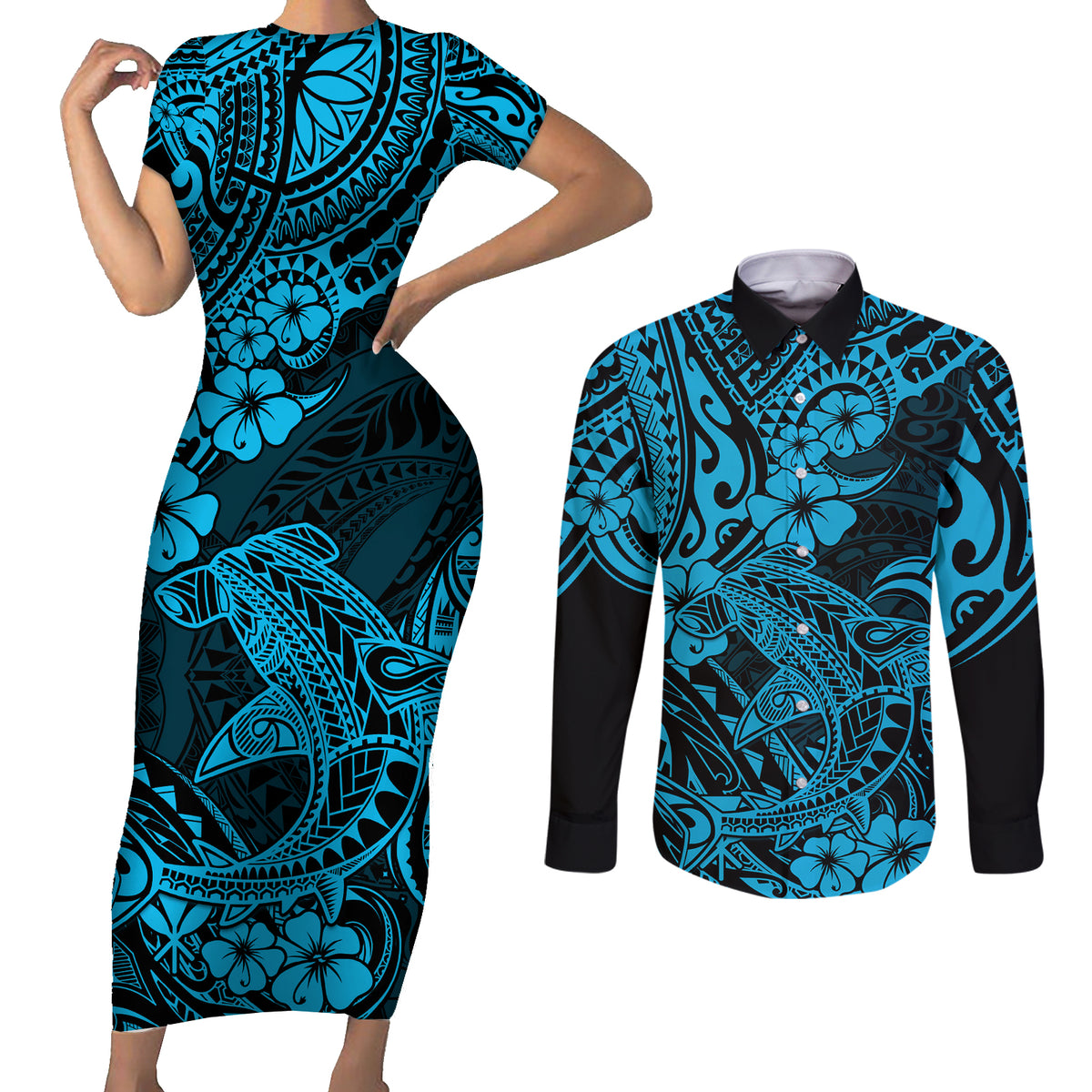 Hawaii Shark Couples Matching Short Sleeve Bodycon Dress and Long Sleeve Button Shirts Polynesian Pattern Sky Blue Version LT01 Blue - Polynesian Pride