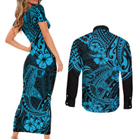Hawaii Shark Couples Matching Short Sleeve Bodycon Dress and Long Sleeve Button Shirts Polynesian Pattern Sky Blue Version LT01 - Polynesian Pride