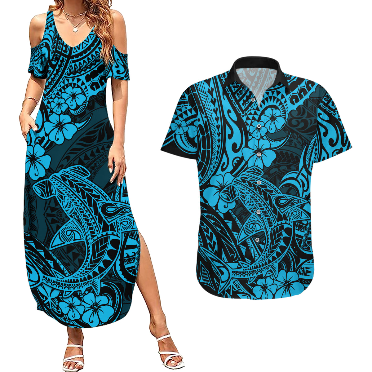 Hawaii Shark Couples Matching Summer Maxi Dress and Hawaiian Shirt Polynesian Pattern Sky Blue Version LT01 Blue - Polynesian Pride