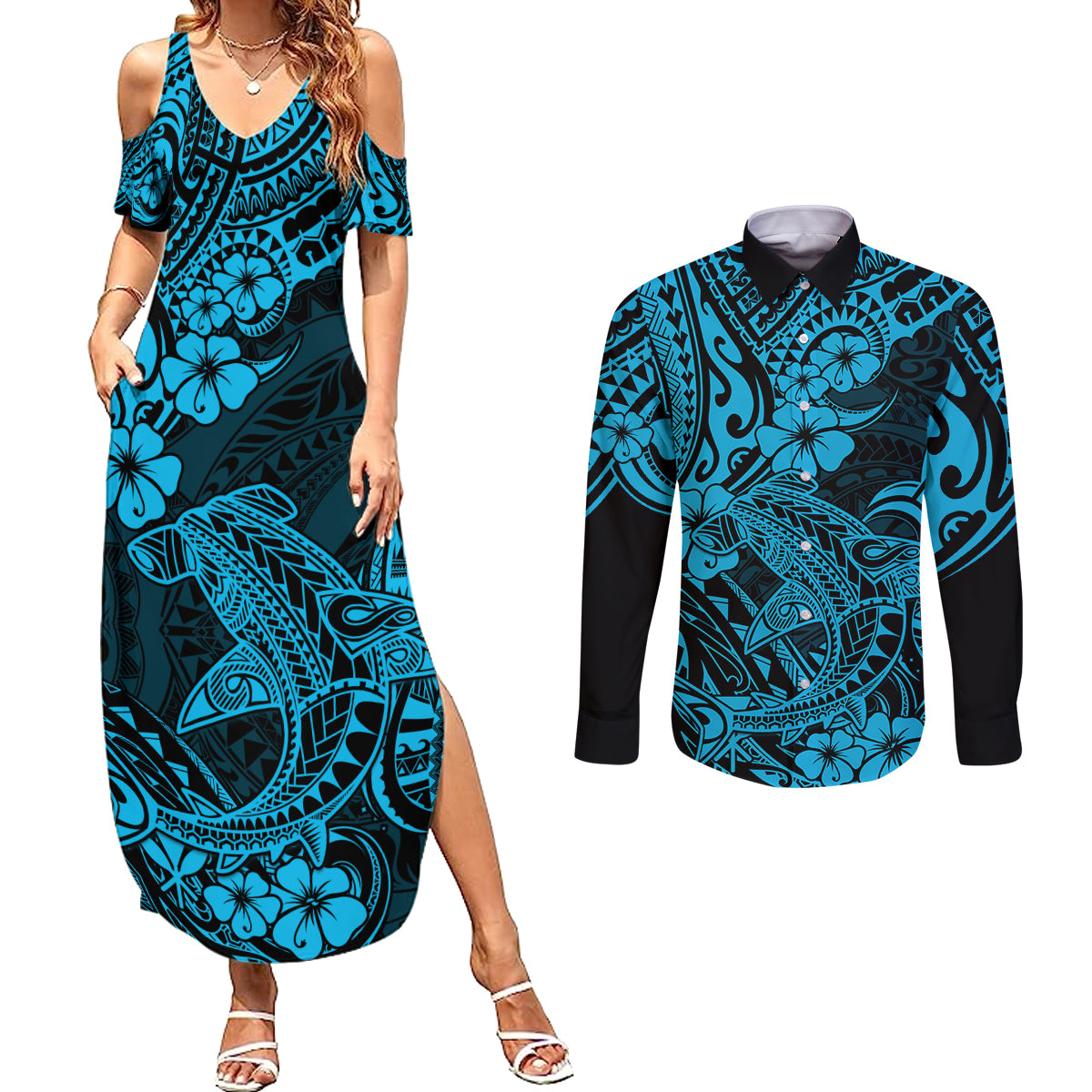 Hawaii Shark Couples Matching Summer Maxi Dress and Long Sleeve Button Shirts Polynesian Pattern Sky Blue Version LT01 Blue - Polynesian Pride