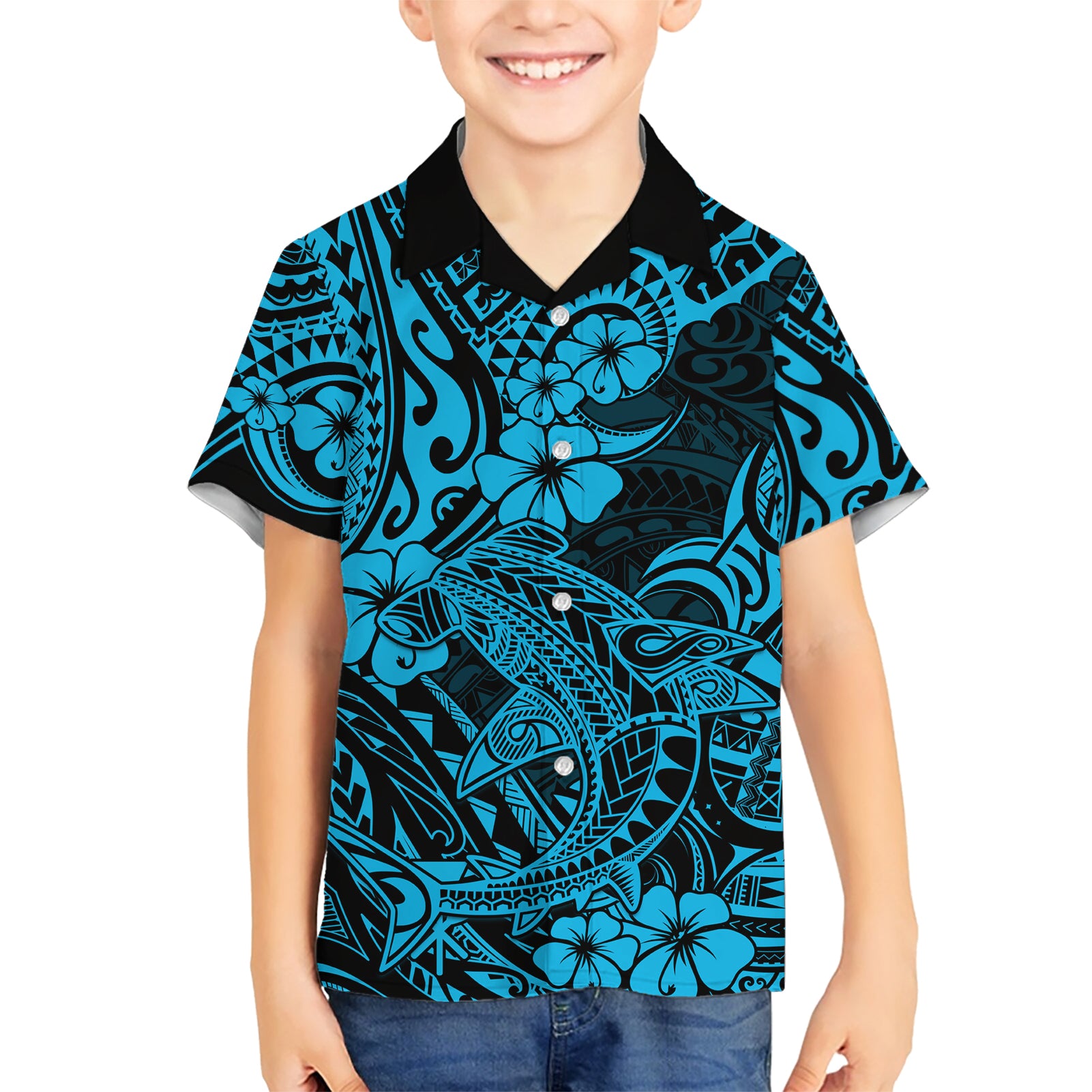 Hawaii Shark Kid Hawaiian Shirt Polynesian Pattern Sky Blue Version LT01 Kid Blue - Polynesian Pride