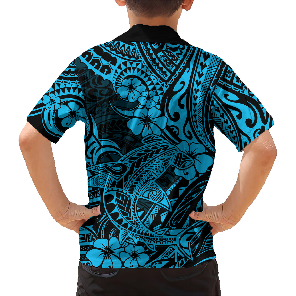 Hawaii Shark Kid Hawaiian Shirt Polynesian Pattern Sky Blue Version LT01 - Polynesian Pride