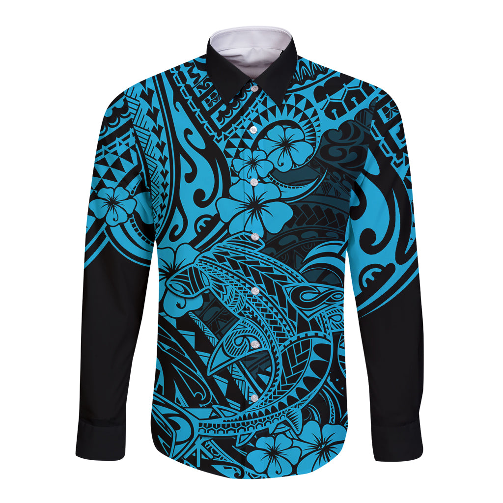 Hawaii Shark Long Sleeve Button Shirt Polynesian Pattern Sky Blue Version LT01 Unisex Blue - Polynesian Pride