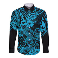 Hawaii Shark Long Sleeve Button Shirt Polynesian Pattern Sky Blue Version LT01 Unisex Blue - Polynesian Pride