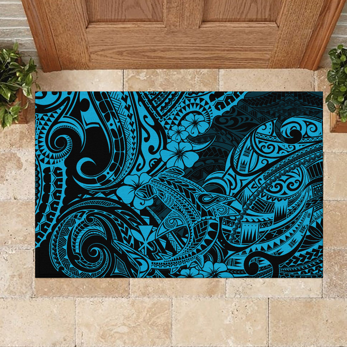 Hawaii Shark Rubber Doormat Polynesian Pattern Sky Blue Version LT01 - Polynesian Pride