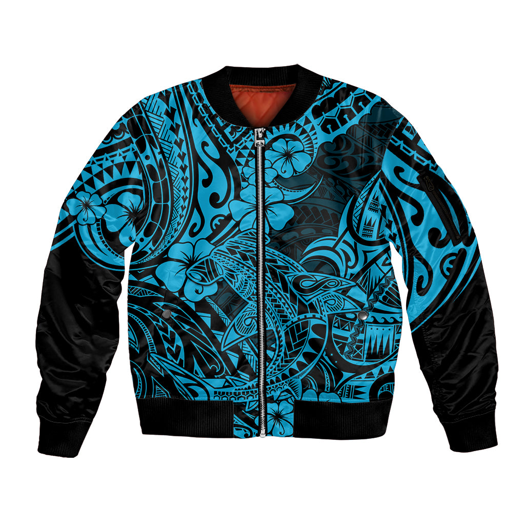 Hawaii Shark Sleeve Zip Bomber Jacket Polynesian Pattern Sky Blue Version LT01 Unisex Blue - Polynesian Pride