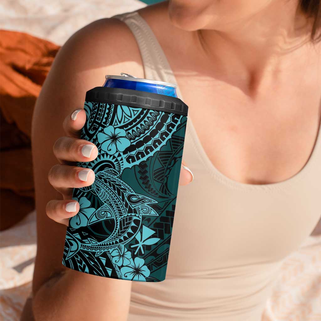 Hawaii Shark 4 in 1 Can Cooler Tumbler Polynesian Pattern Turquoise Version